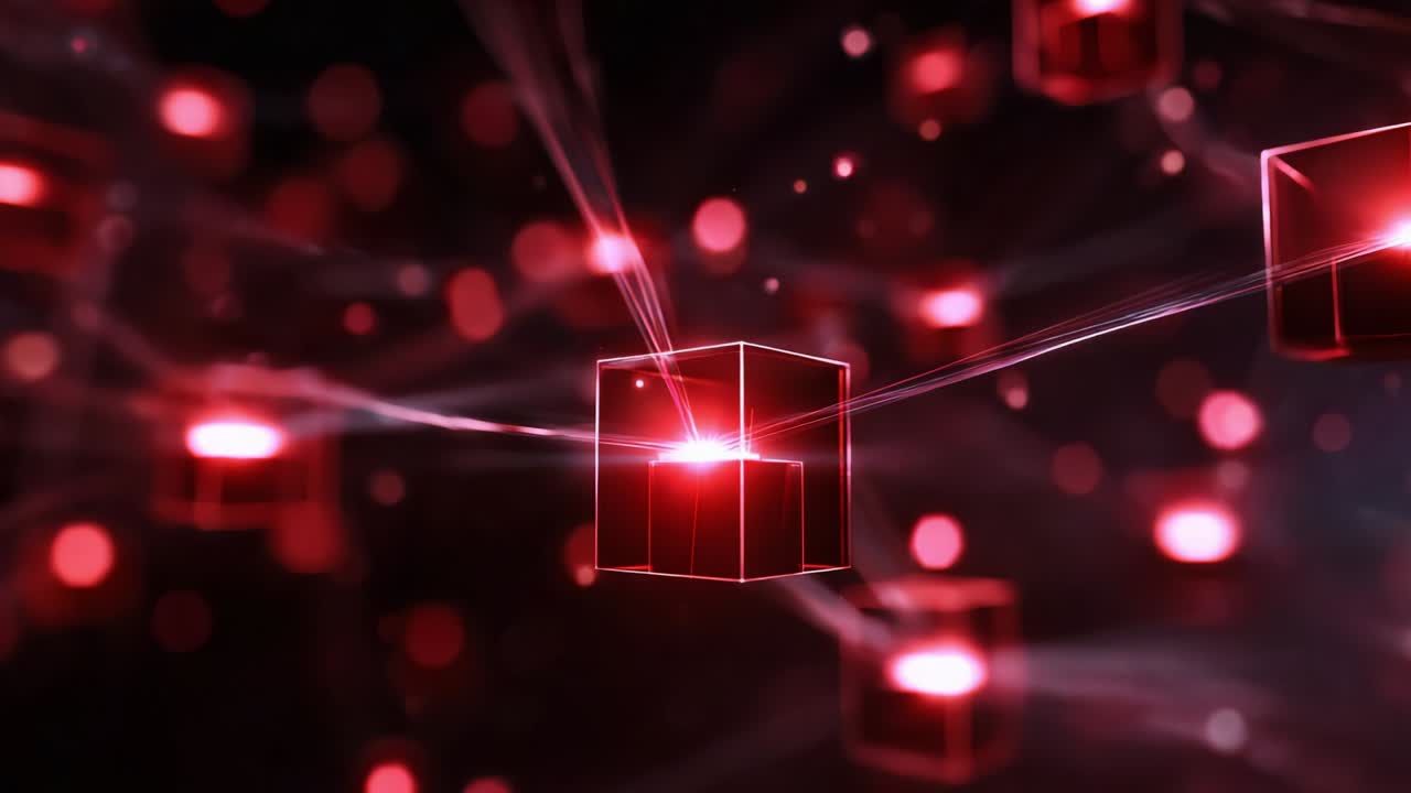 Dynamic Abstract Visualization of Red Cubes in Motion with Radiating Light Effects: A Focus on Digital Connectivity and Energy Transfer Representations