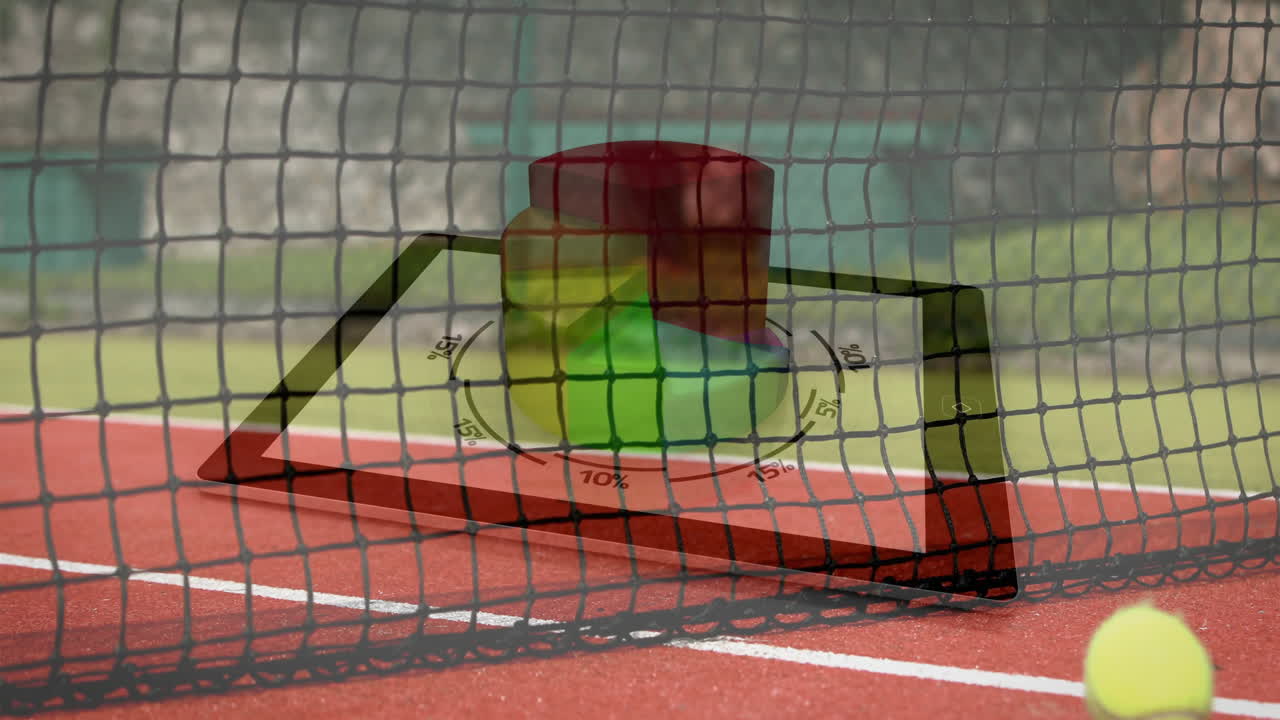 3D pie chart animation overlaying tennis court with net in focus