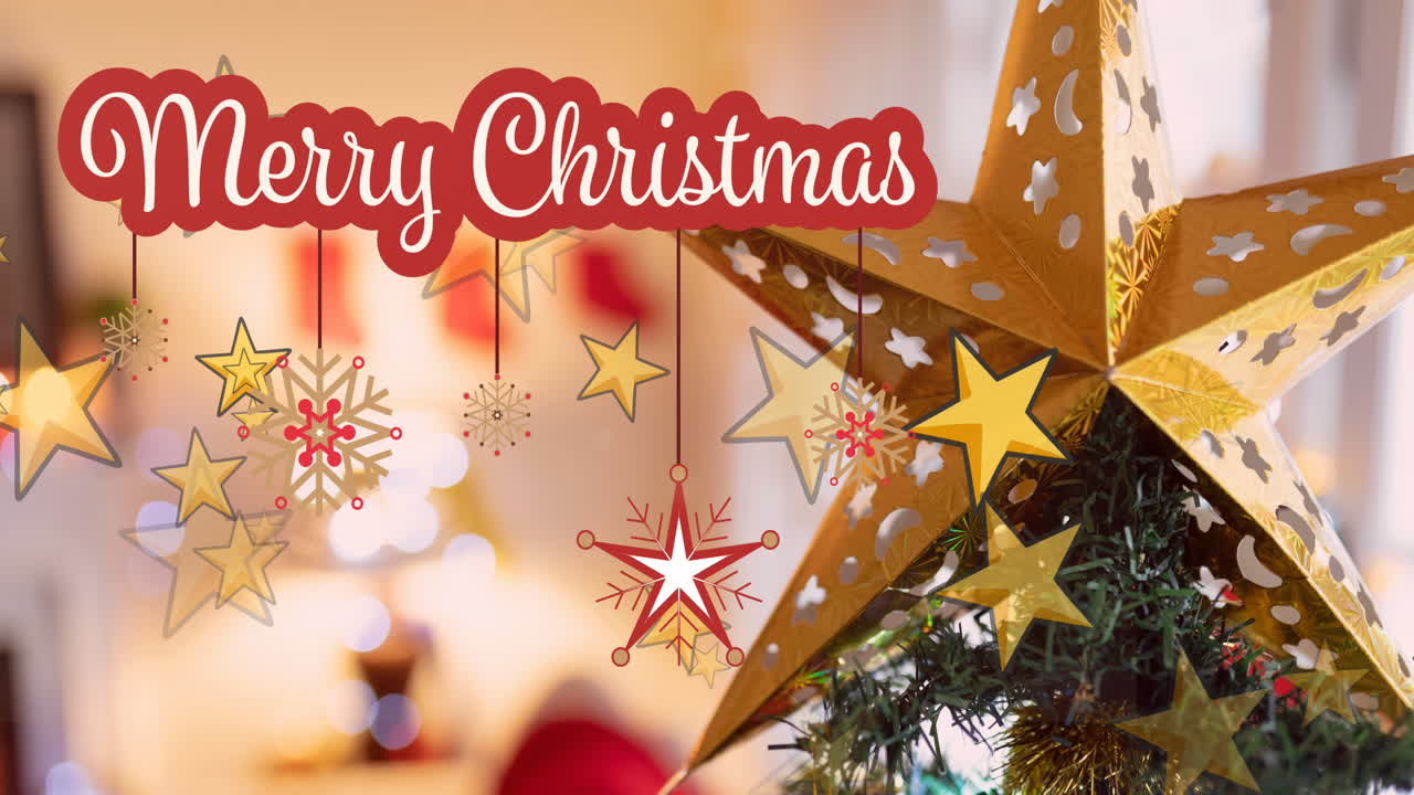 크리스마스 트리와 별들이 떨어지는 크리스마스 텍스트의 애니메이션