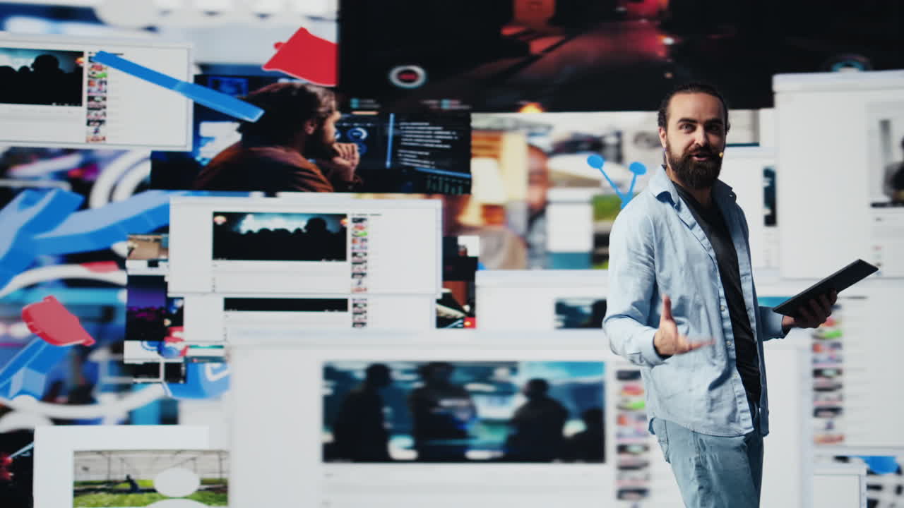 Male trend setter hosts a live presentation offering insight for innovation