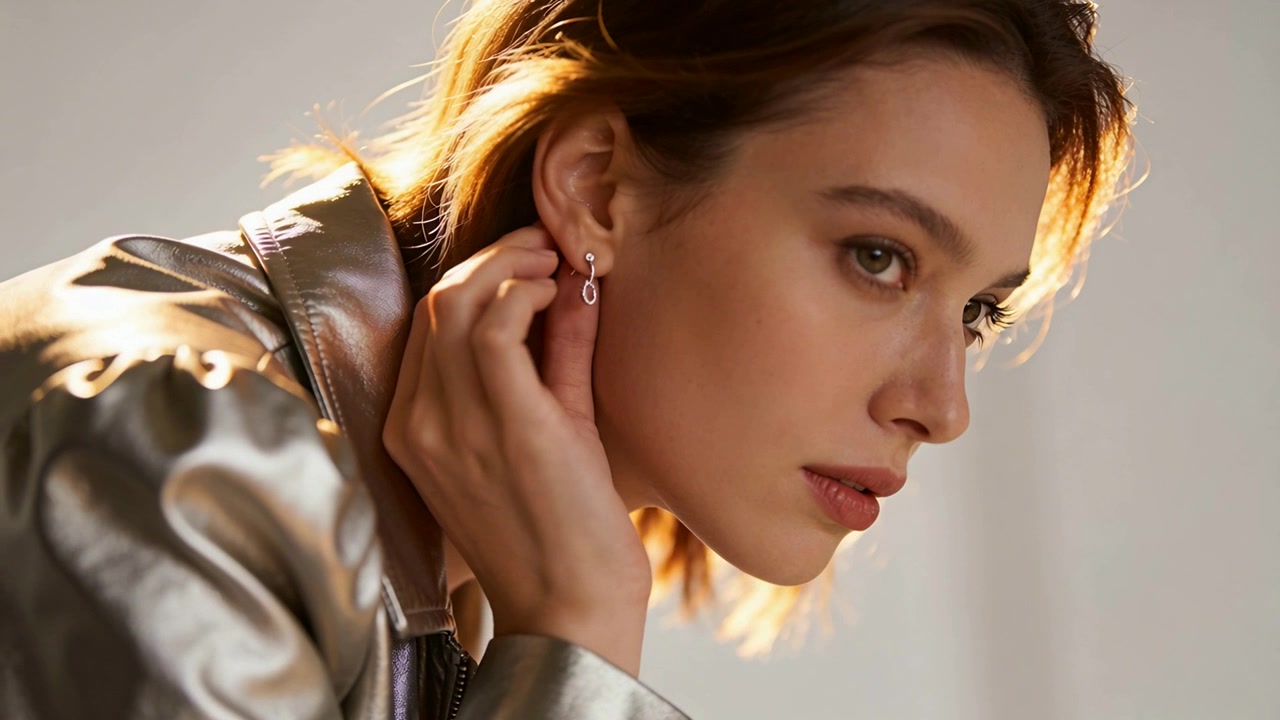 Modella che si sistema i capelli dietro l'orecchio, aggiustando un orecchino pendente in studio per una pubblicità di moda, indossando una giacca argentata.