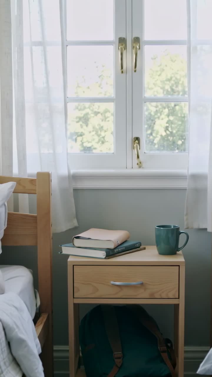 Vertical video: Panning shot to books in dorm woman in cream tee smiling and chatting, copy space