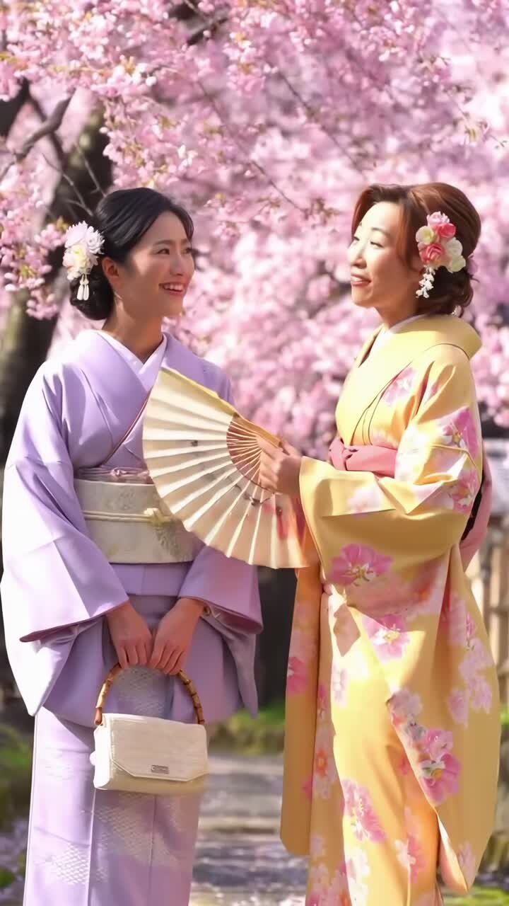Fotogramma video di due donne in kimono sotto i fiori di ciliegio, ripreso da un angolo frontale