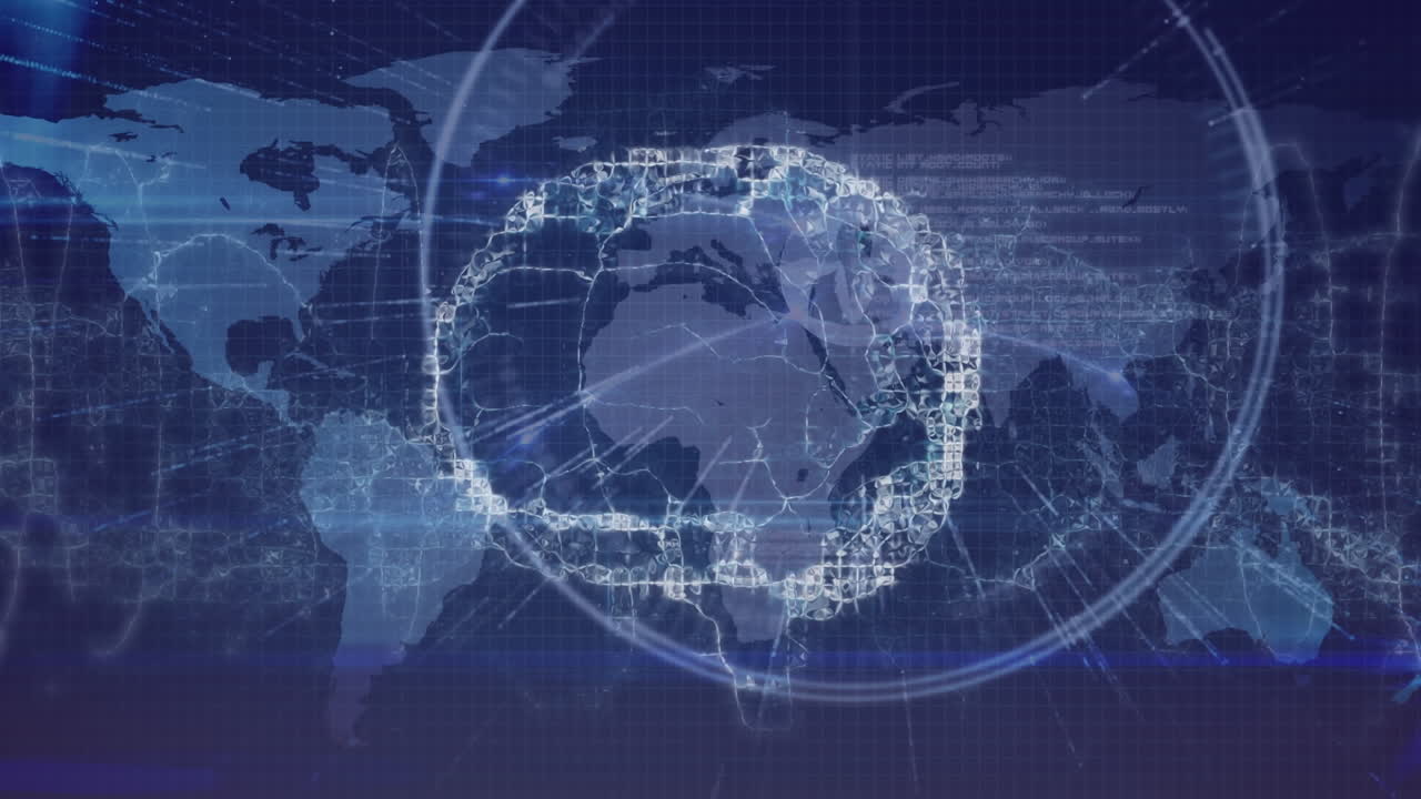 인간의 뇌 회전, 연결 네트워크 및 파란색 배경의 세계 지도의 애니메이션