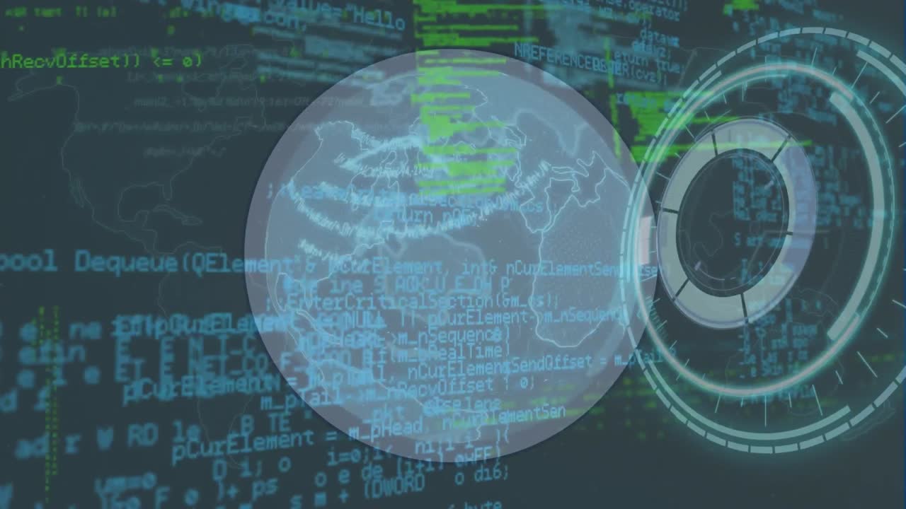 animación del procesamiento de datos y mapa del globo sobre el mundo