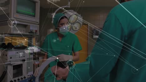 Animation-of-network-over-caucasian-surgeon-providing-oxygen-mask-to-patient-during-surgery