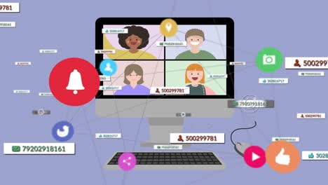 animación de iconos de medios a través de la computadora con llamada de video