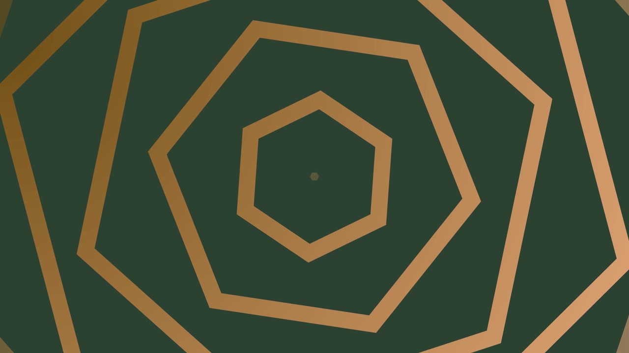 Túnel de hexágonos dorados abstracto en expansión sobre fondo verde oscuro