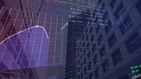 animación del procesamiento de datos estadísticos y bursátiles frente a una vista de ángulo bajo de edificios altos