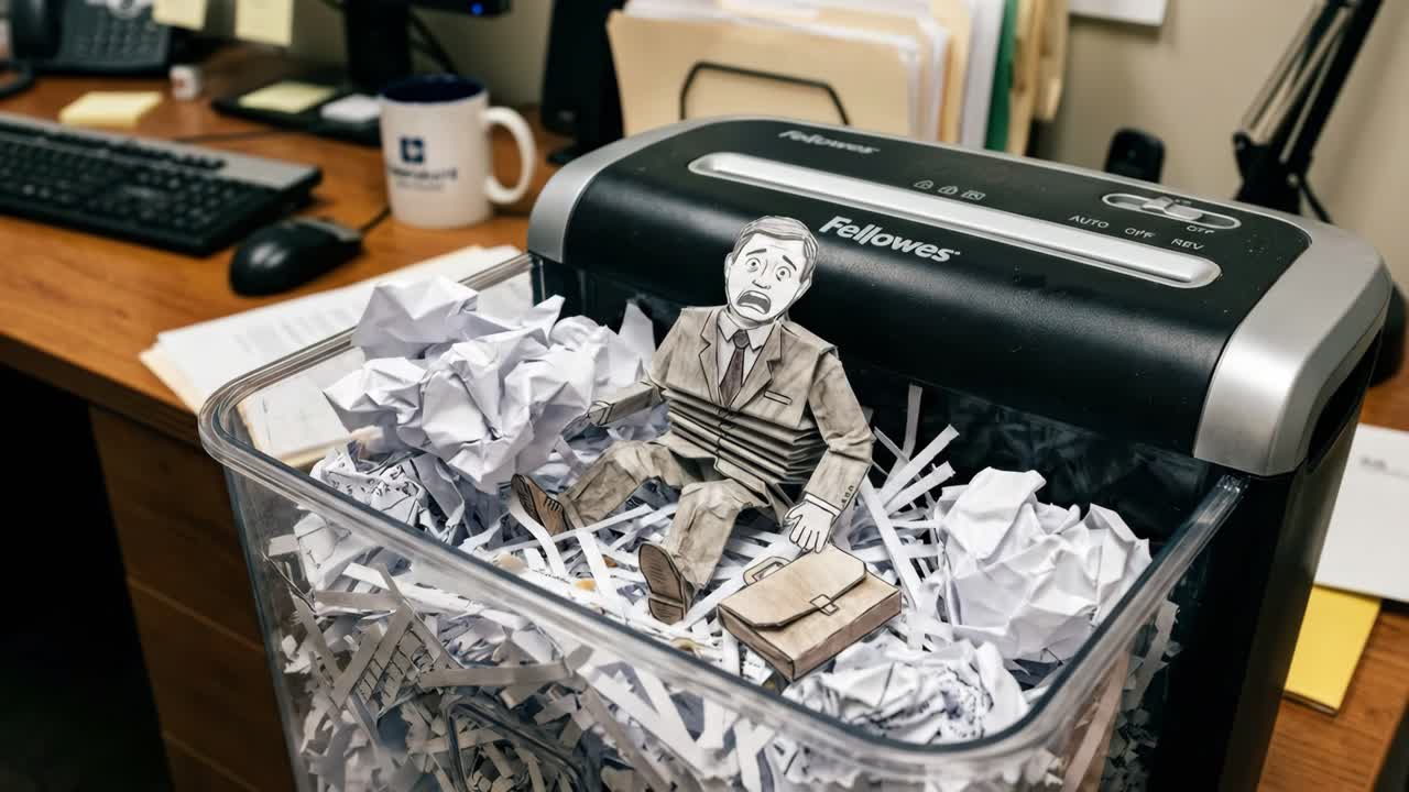 Paper Man Buried in Shredded Paper in Office
