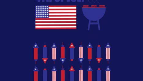 Animation-of-american-flag-with-barbecue-and-party-crackers-on-blue-background