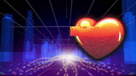 animación del icono del corazón sobre la ciudad digital