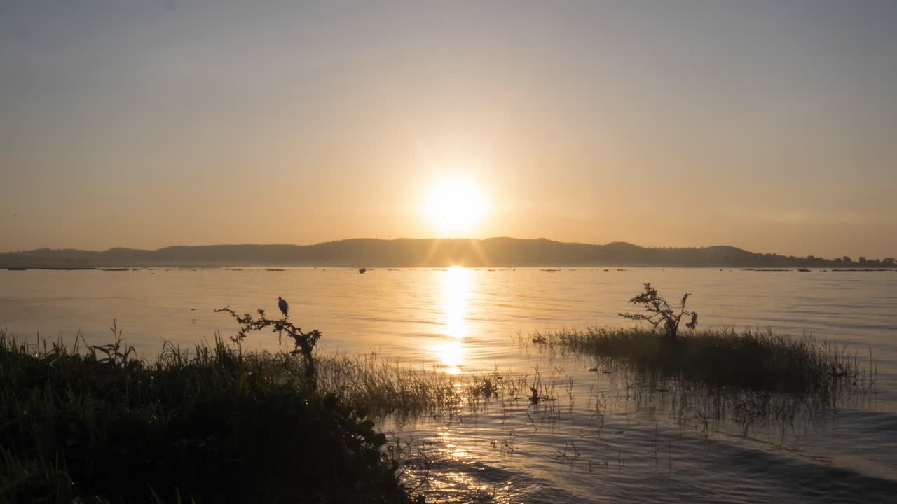 이른 아침 어부들이 나무 카누를 타고 물 위에서 낚시를 하는 빅토리아 호수 위로 해가 떠오르는 시간 경과
