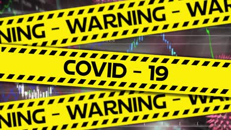 Yellow-police-tapes-with-Warning-and-Covid-19-text-against-Covid-19-cells-and-statistical-data