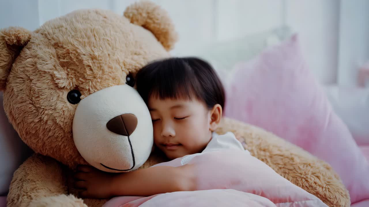 테디 베어 와 함께 자고 있는 아이