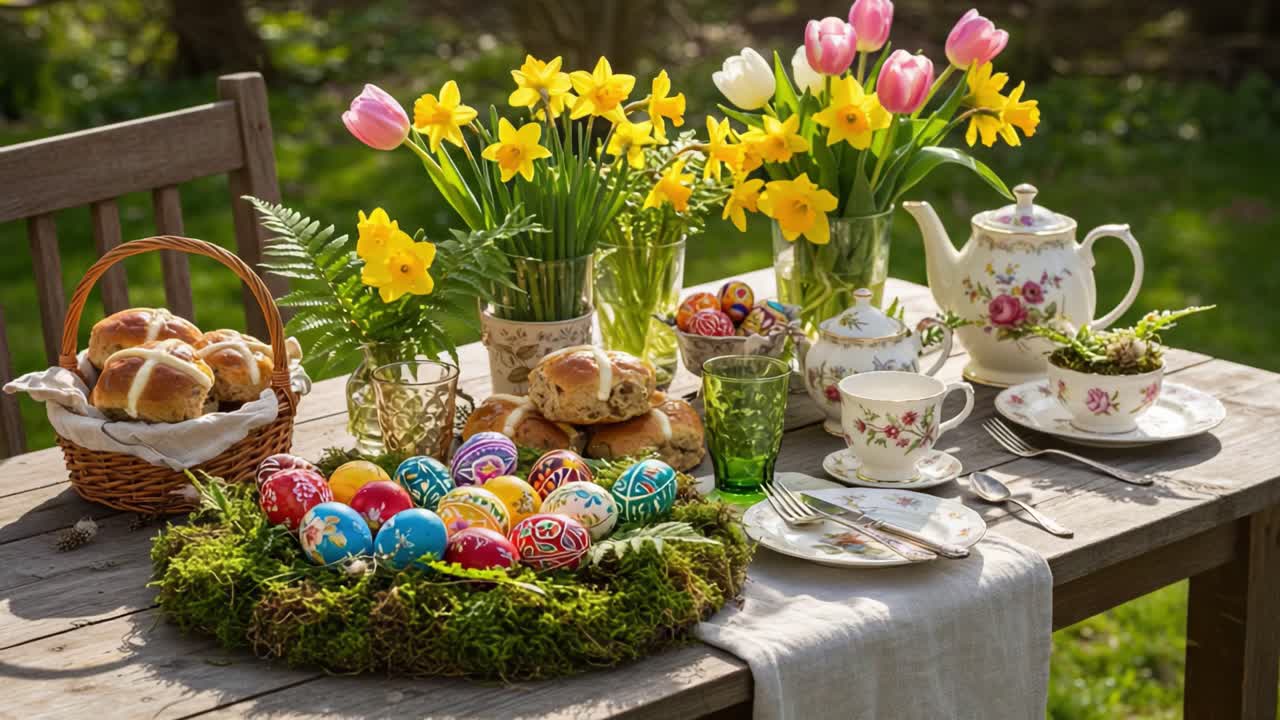 A Festive Spring Table Setting with Colorful Easter Eggs, Fresh Flowers, and Delicious Treats, Perfect for Celebrating the Joy of Easter Gatherings