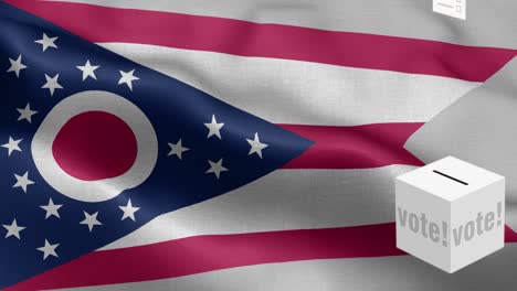 estado de ohio - las papeletas de votación vuelan a la caja para la selección de ohio - caja de votación frente a la bandera - elección - voto - bandera nacional patrón de onda del estado de ohio elementos loopable - textura de tela y bucle sin fin - bandera loopable del estado de ohio - banderas estatales de américa