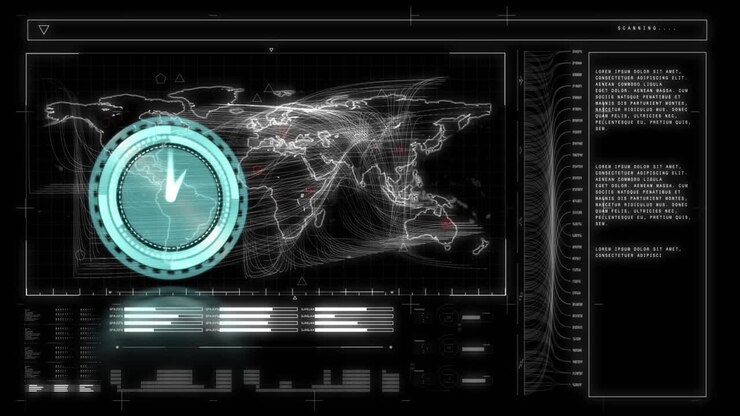 Animation of clock, scope scanning and data processing on digital screen
