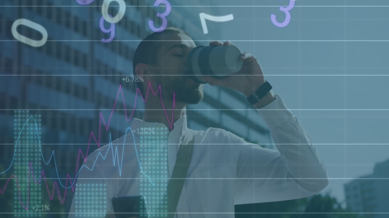 Animation of data processing over biracial businessman using smartphone