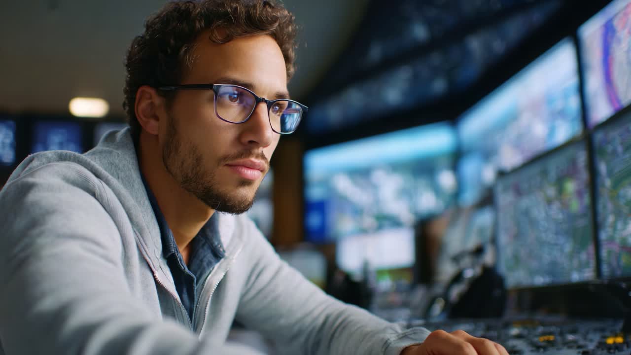 Focused Professional Analyzing Data in a Modern Control Room with Multiple Monitors Displaying Vital Information and Graphs for Decision-Making