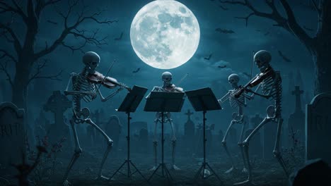 A hauntingly beautiful scene where skeletons come to life, playing violins under the full moon in a spooky graveyard, creating an eerie symphony amidst the tombstones