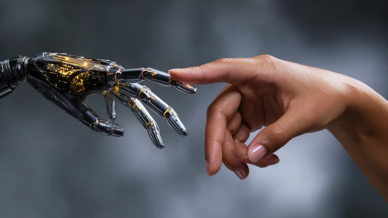 An Artistic Representation of Connection Between Man and Machine: A Human Hand and a Robotic Hand Reaching Out to Each Other, Symbolizing the Integration of Technology and Humanity in Modern Society