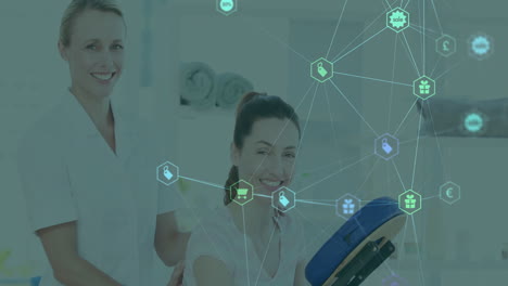 Animation of digital icons overlaying massage therapist assisting client in spa