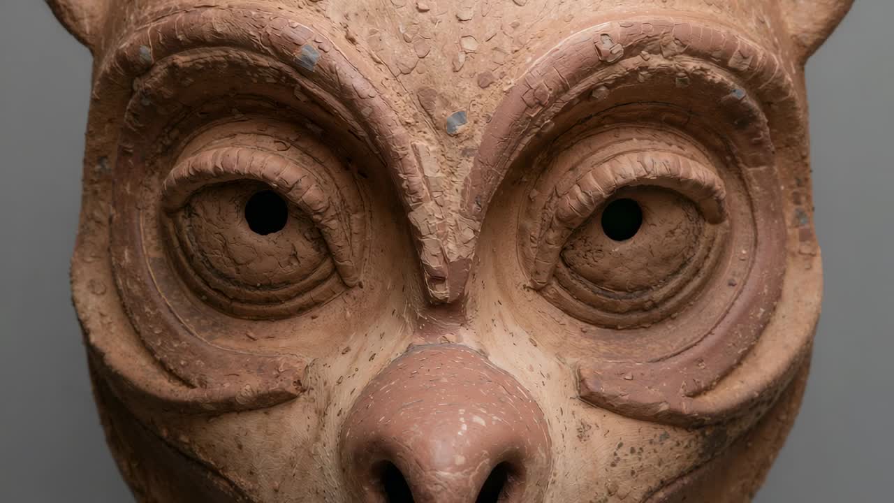 Panning camera revealing slow rotation of terracotta owl mask in studio, documenting facial details
