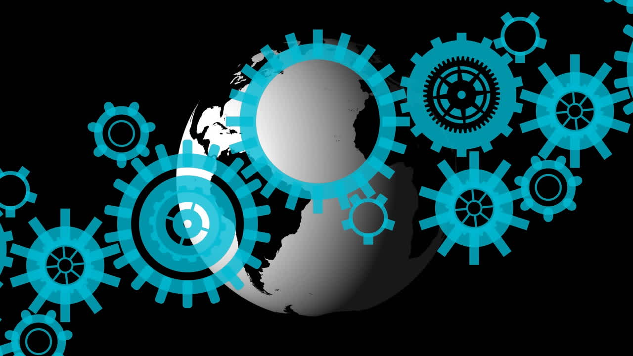 animación de engranajes sobre el globo terrestre sobre fondo negro