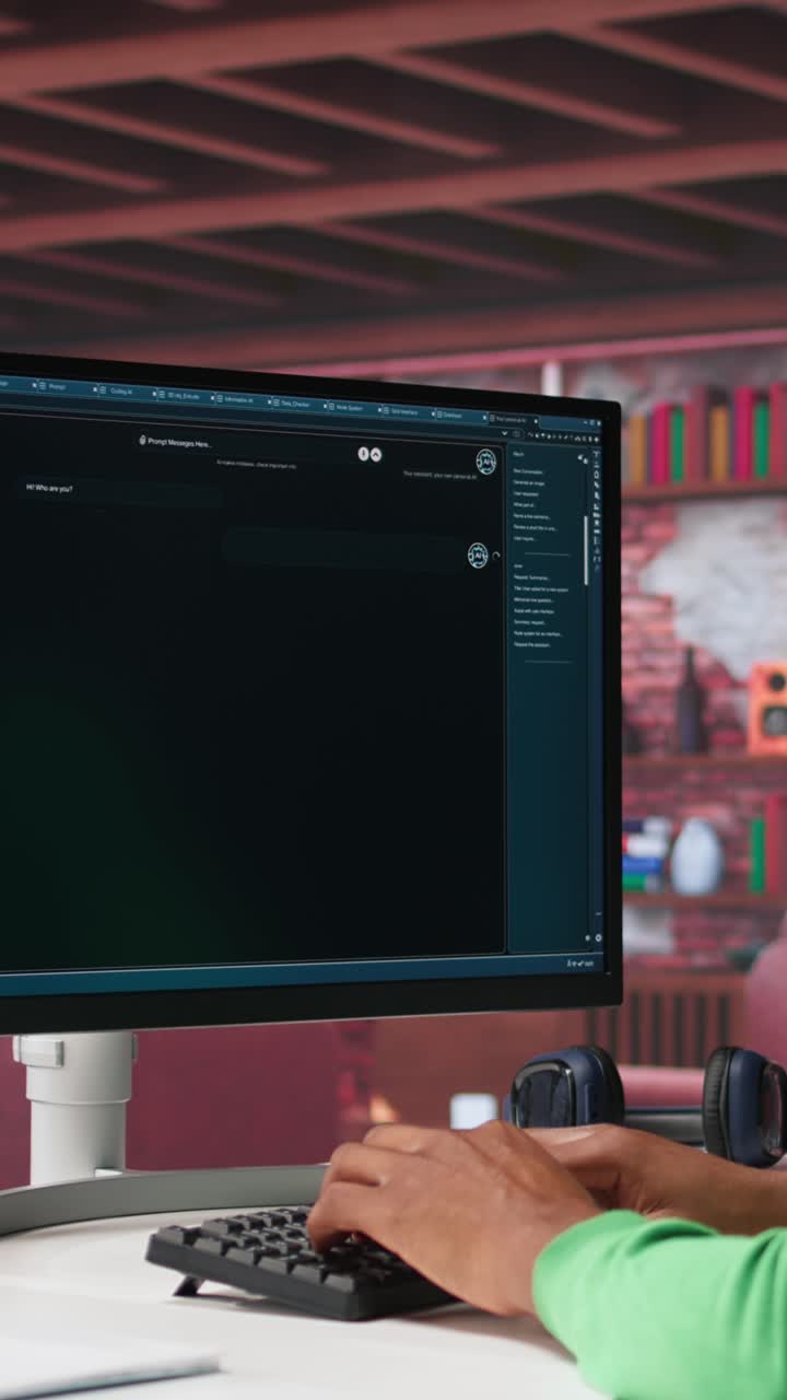 Vertical Video African american guy uses artificial intelligence chatbot trained