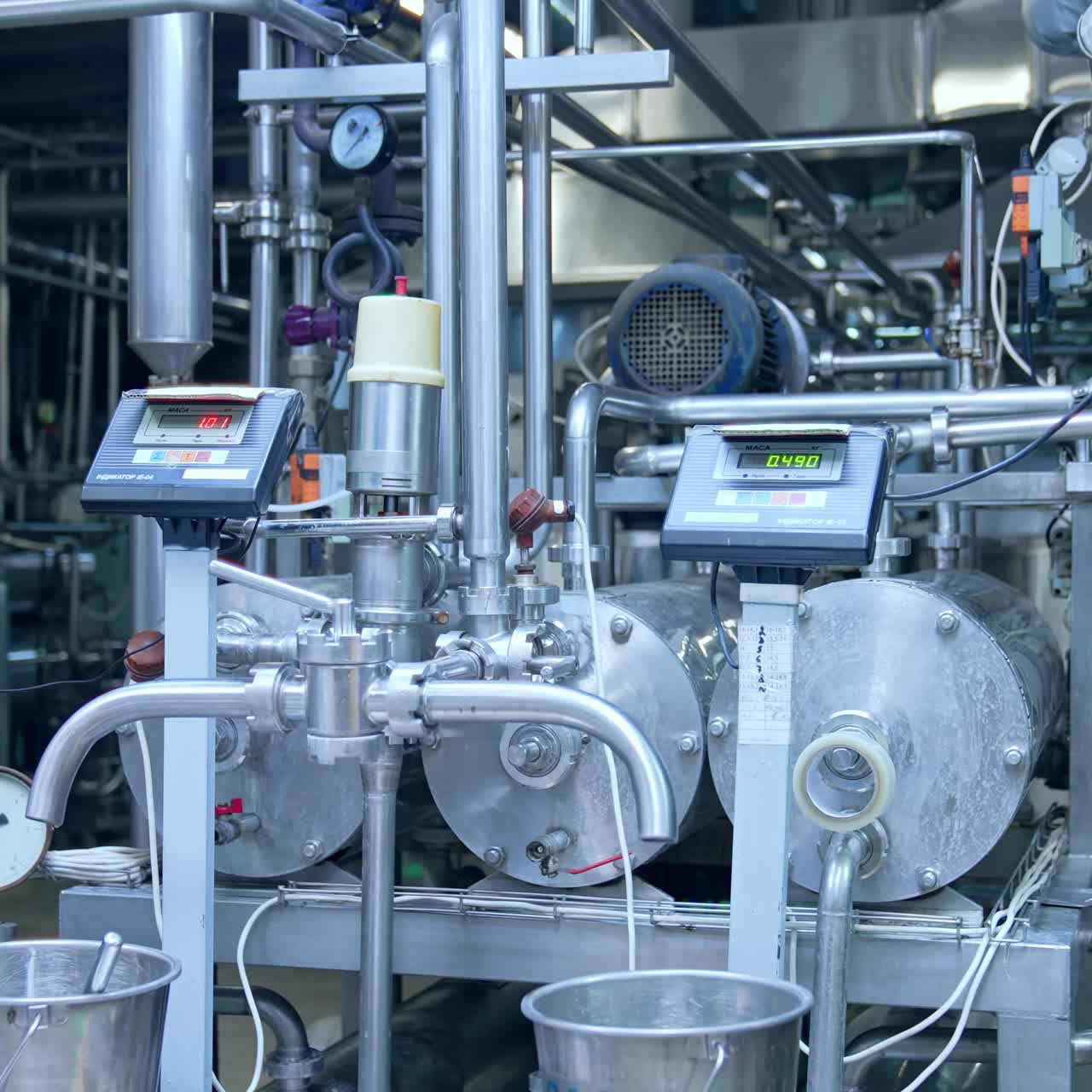 Approaching to the steel faucets with sensors at the milk plant. Shining metal equipment of the dairy factory. Close up