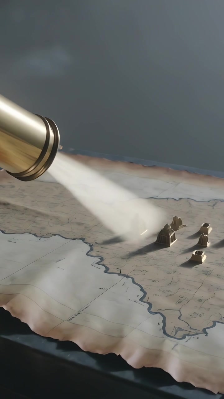 Video verticale: All'accensione, un dispositivo in ottone proietta un fascio di luce su una mappa sul tavolo, rivelando modelli di forti