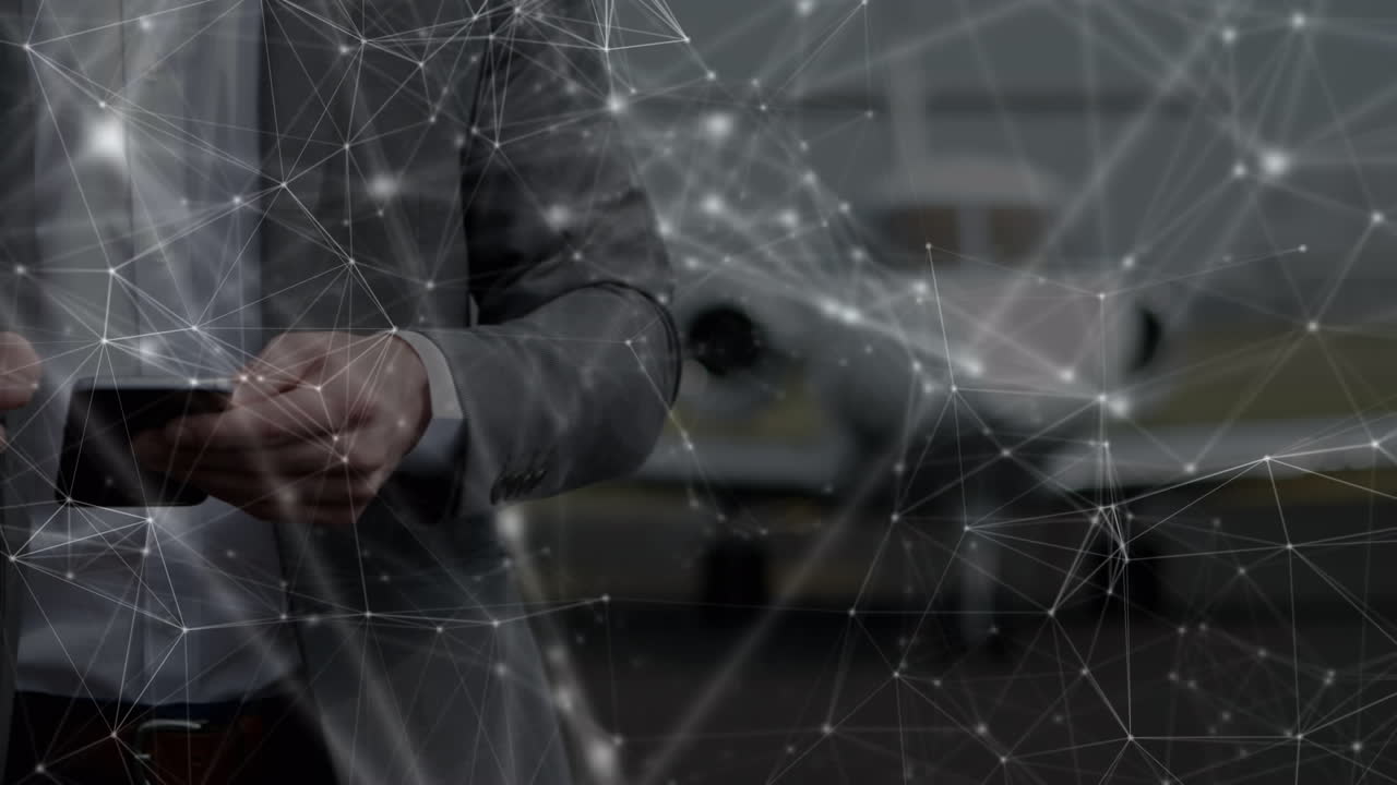 공항에서 스마트 폰을 사용하는 코카시안 사업가에 대한 연결 네트워크의 애니메이션