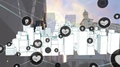 animación de una red de iconos digitales sobre un modelo de ciudad 3d giratorio contra edificios altos
