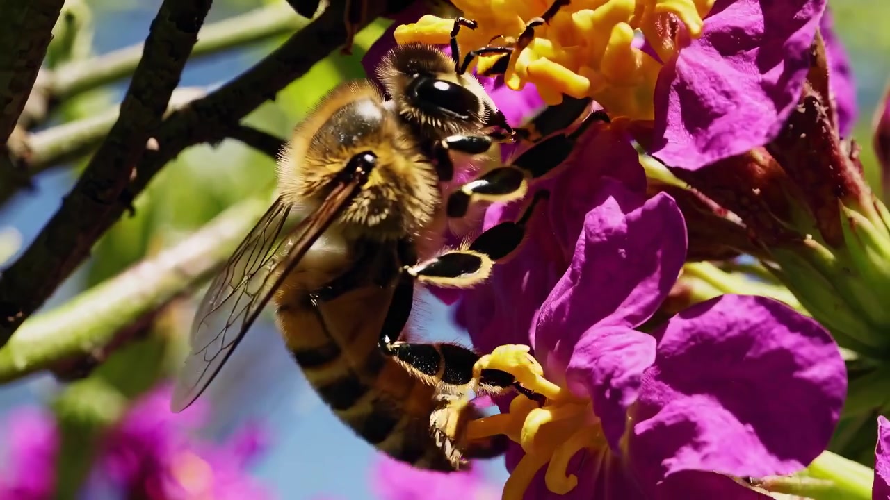 Honey Bees Swarming on Tree Branch and Pollinating Purple Flowers