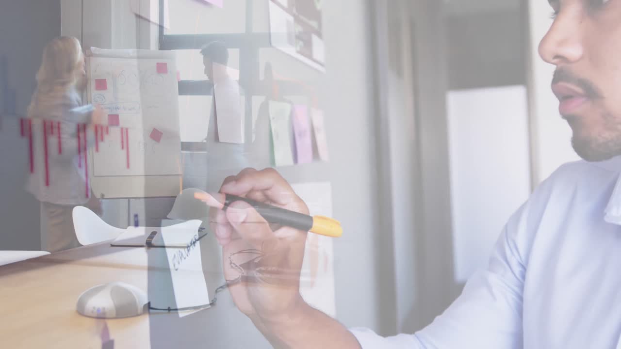 아프리카계 미국인 사업가 의 애니메이션 이  ⁇ 고 있는 사람 들 과 도시 풍경 위 에 글 을 쓰고 있다