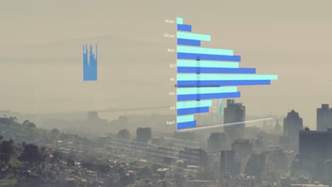 animación de múltiples gráficos sobre vista aérea del paisaje urbano moderno contra el cielo nublado