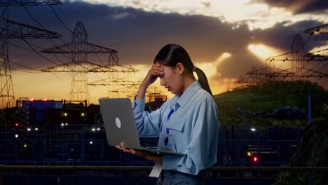 side view of an asian female professional worker use laptop near high voltage tower, industrial facility,  she is nodding her shead with dissapionted