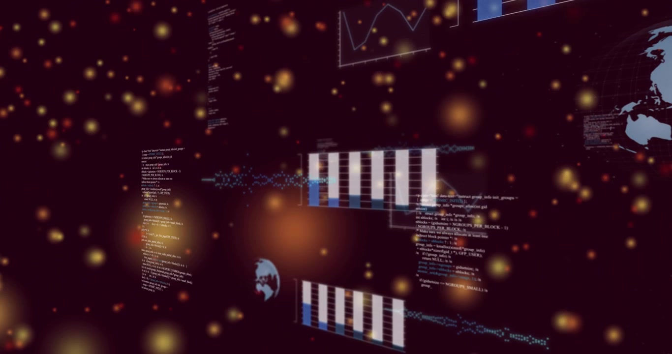 Data cluster reacting to particle surge, advancing forward while bars growing to highlight metrics