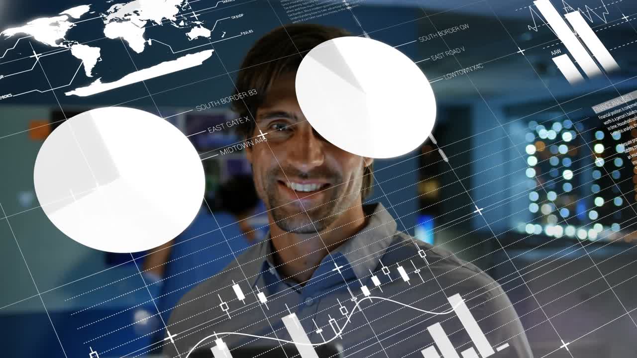 Animation of statistical data processing over portrait of happy man using tablet at office