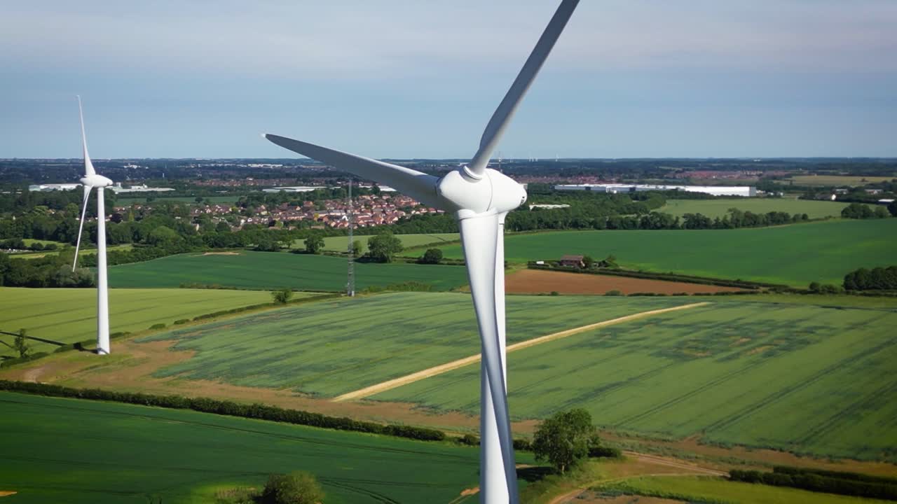 Wind Turbine field in UK - Drone dolly out, summer time, sunny day.