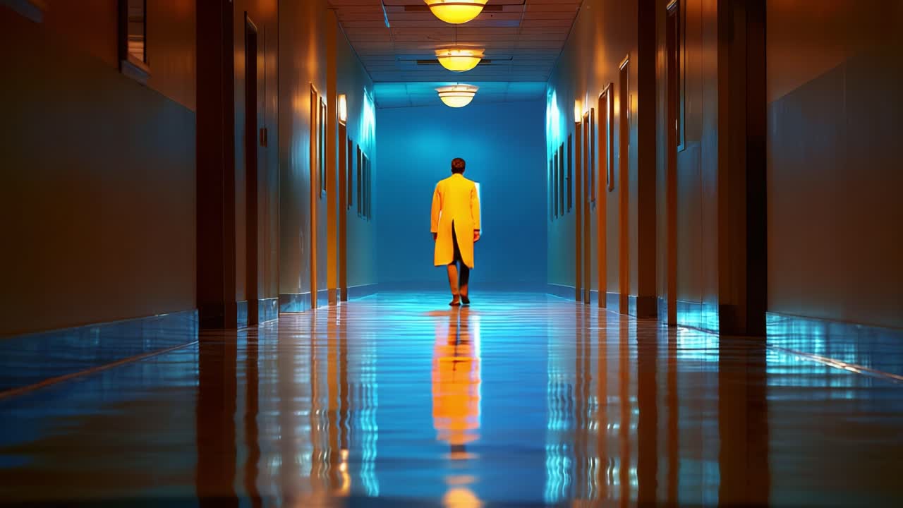 A solitary figure in a laboratory coat walks down a dimly lit corridor, surrounded by reflections and soft blue hues, evoking a sense of mystery and exploration in the atmosphere