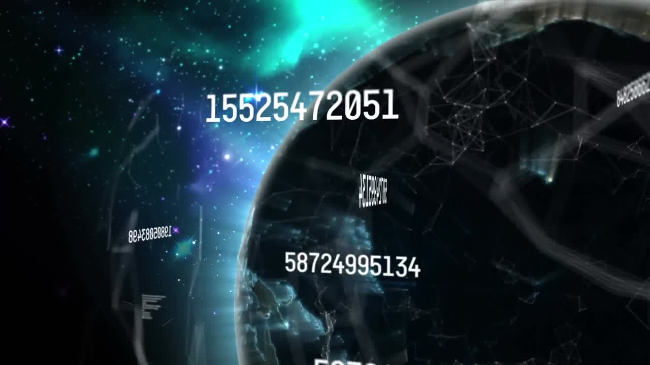 анимация красных фигур, движущихся по земному шару с цифрами, вращающимися в пространстве