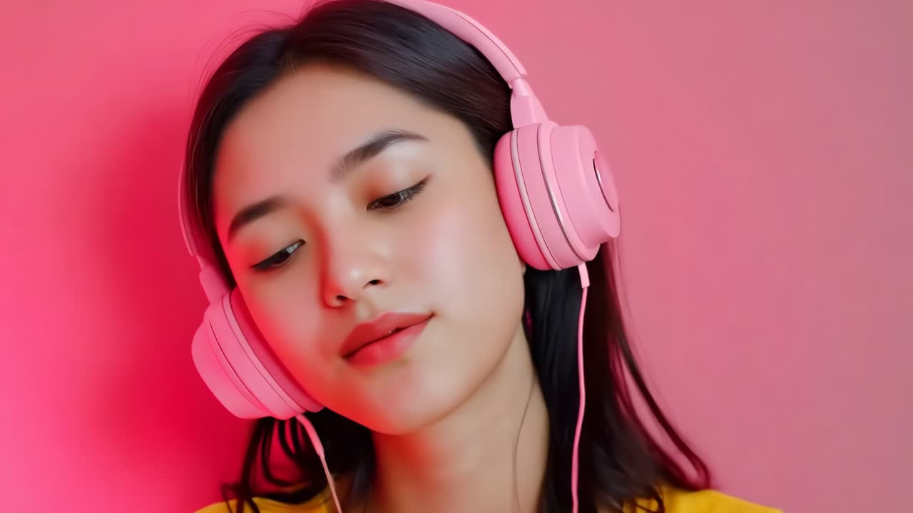 눈을 감고 분홍색 헤드폰을 착용 한 여성