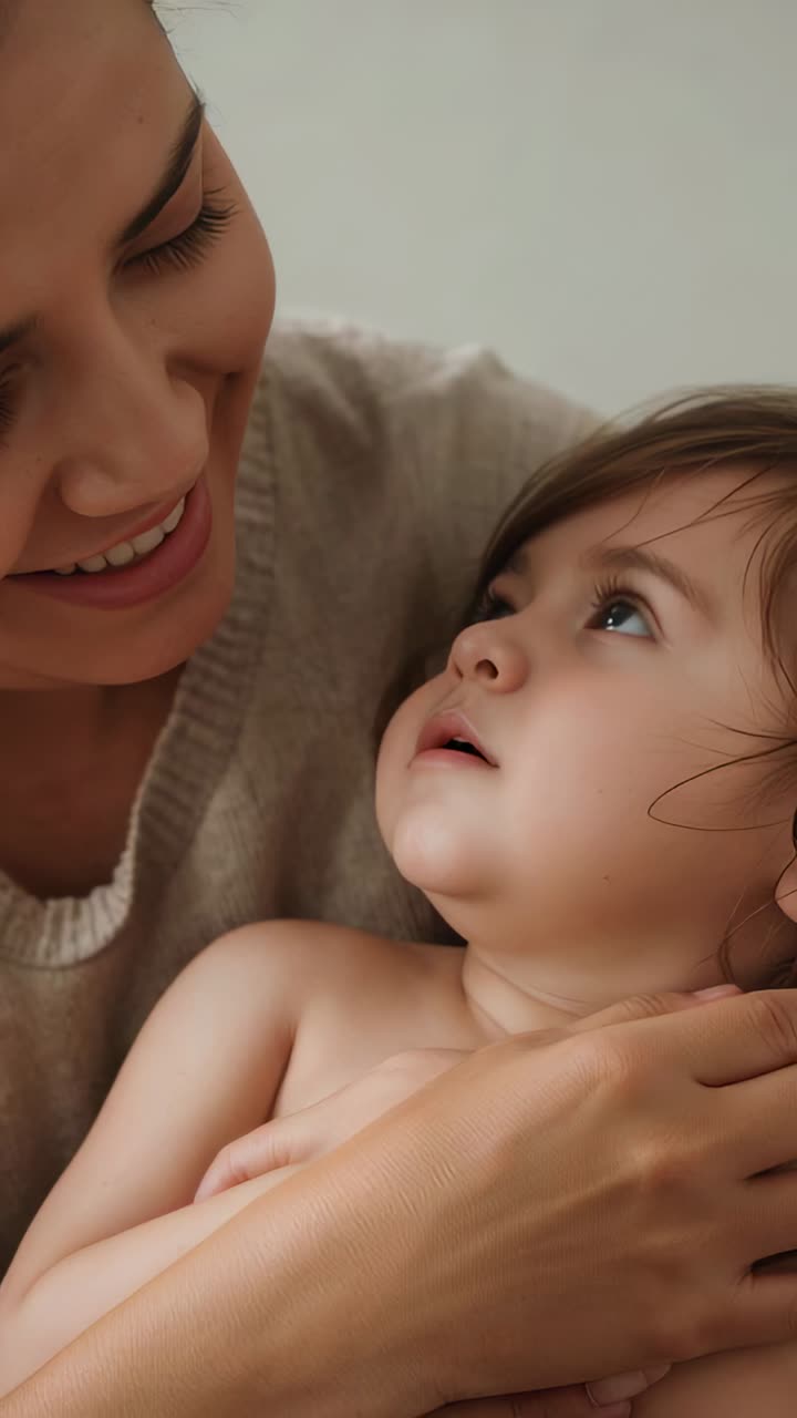 Video verticale: donna appoggiata che culla un neonato in casa, indossa un maglione leggero per tranquillizzare il neonato