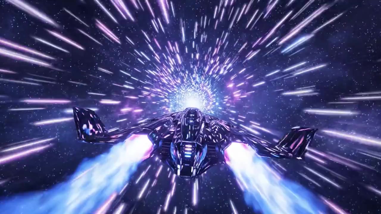 Un viaggio mozzafiato attraverso lo spazio: un'astronave futuristica che accelera verso un brillante warp celeste in una vivida scena cosmica con colori vorticosi e scie luminose.