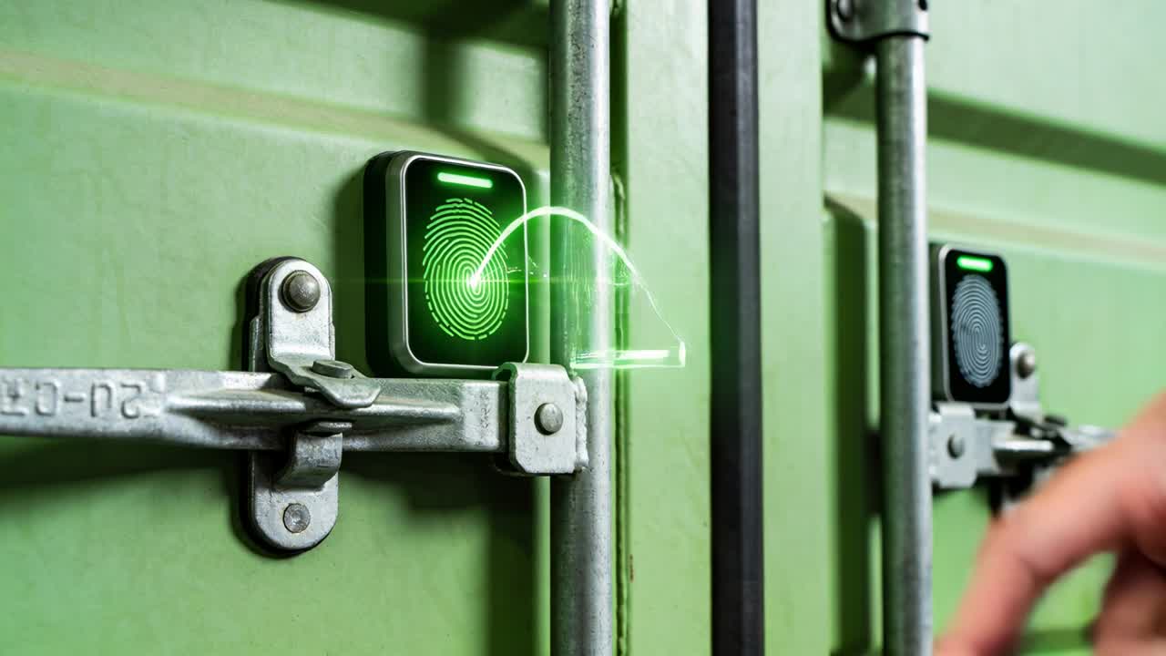 Dedo presionando, técnico con camisa azul verificando las puertas de un contenedor, holograma de escáner desbloqueando el cerrojo.