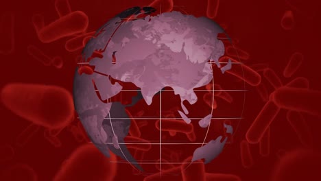 Animation-of-globe-rotating-over-biological-cells-floating-on-red-background