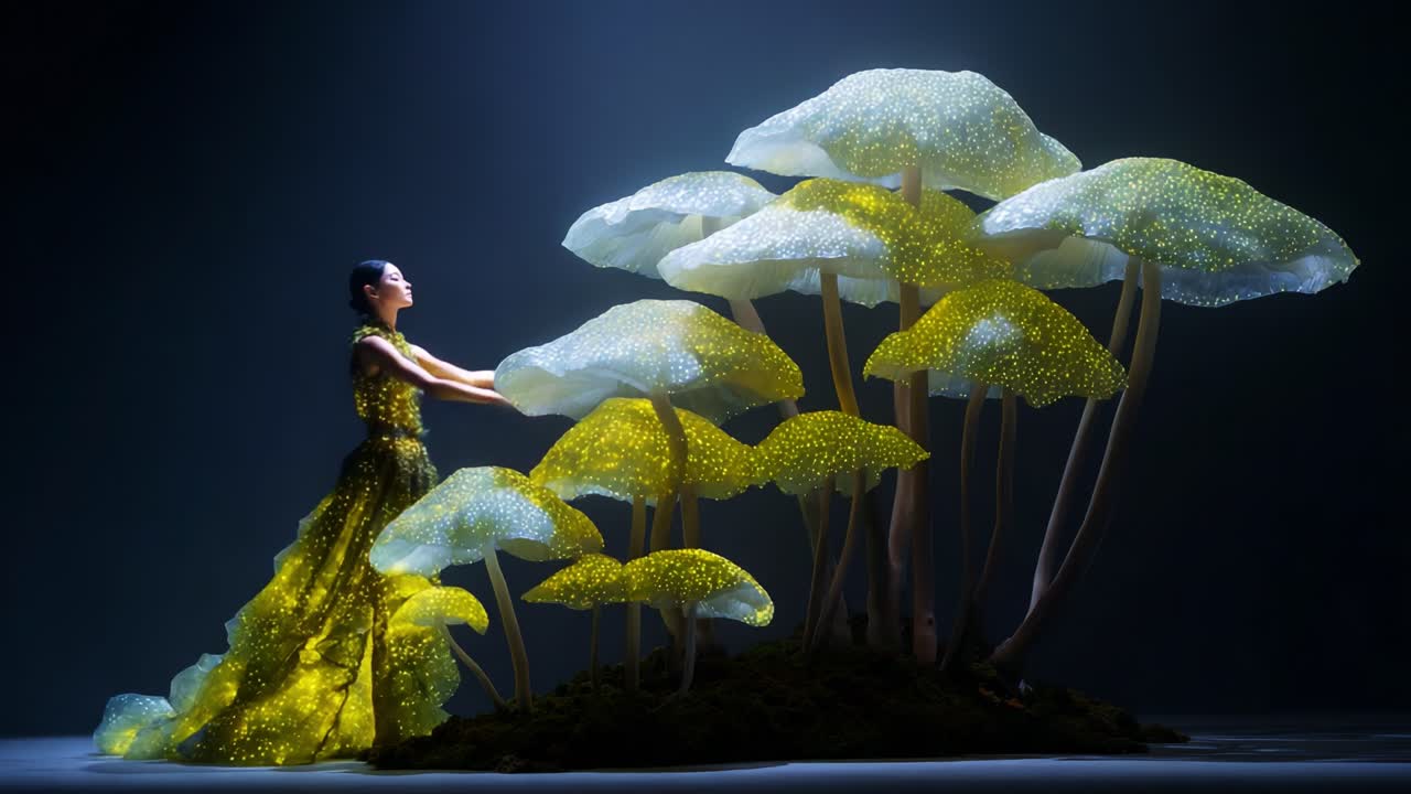 Una ballerina in un vivace abito giallo interagisce con incantevoli funghi luminosi, catturando l'essenza della natura e della fantasia in una performance artistica ipnotica