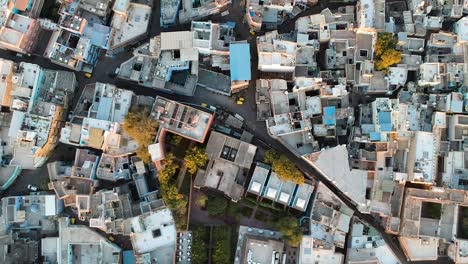 sunrise fly over of densely populated, blue city of jodhpur, rajasthan, india